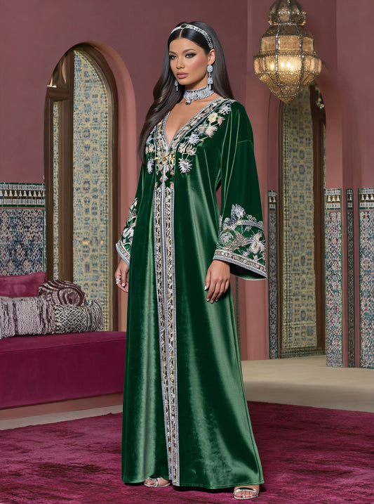 Autumn Casual Loose Jalabiyas Long Dress V-neck Sleeve Design A-line Skirt Style Women's Muslim Fashion Arabic Robe