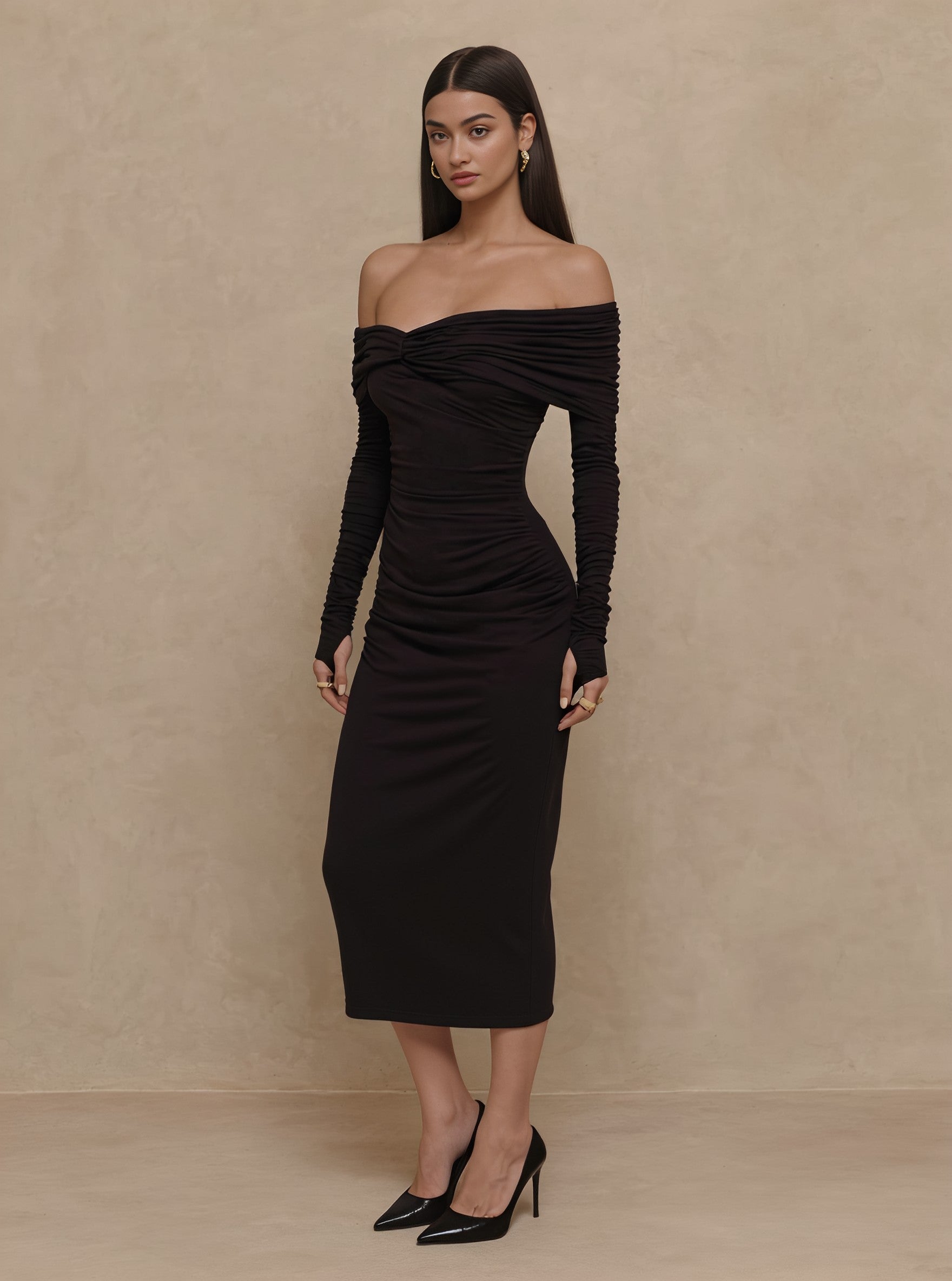 Autumn Tight Fit Mid-Length Dress With Shoulder Bows Straight Sleeve Casual Style Women's Fashion Skirt Type One Piece Dress