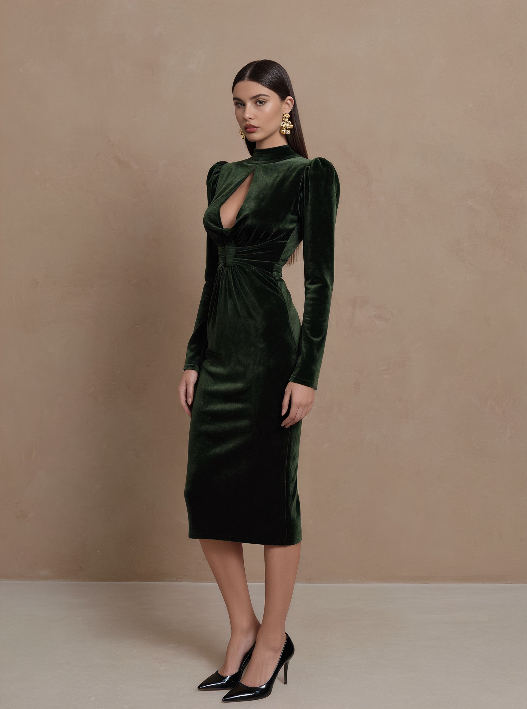 Autumn Tight Fit Pencil Dress Long Sleeve Stand Collar Midi Dress Casual Style Women's Skirt Type Fashionable Clothing