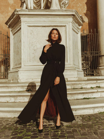 Women's Dress Autumn Elegant 2025 Plain Stand Collar Long Sleeve Tie Waist Maxi Front Slit Formal Dress