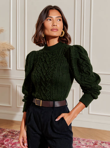 Casual Long Sleeve Round Neck Bubble Sleeve Sweater Regular Length Autumn Fashion Women's Top Comfortable Stretchy Knitwear