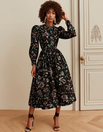 Casual Mid-Length A-Line Dress Bubble Sleeve Round Neck Fitted Style Women's Fashion Spring Autumn Seasonal Clothing