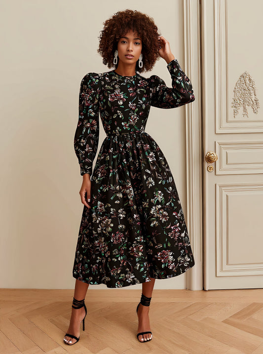 Casual Mid-Length A-Line Dress Bubble Sleeve Round Neck Fitted Style Women's Fashion Spring Autumn Seasonal Clothing