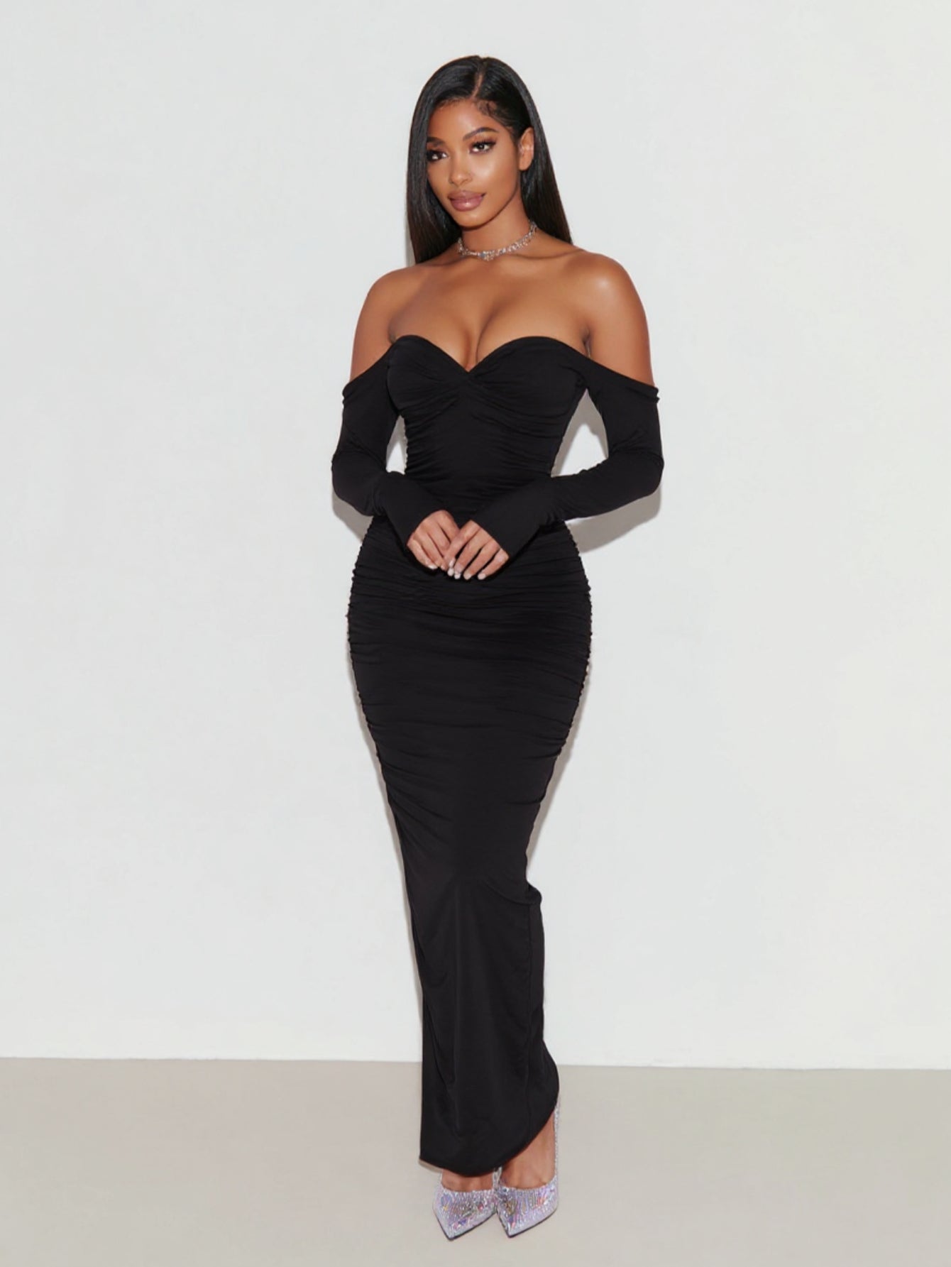 Women's 2025 Autumn Fashion Dresses Long Sleeve Off Shoulder Plain Party Skinny Fit Dresses