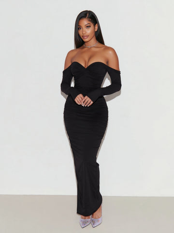 Women's 2025 Autumn Fashion Dresses Long Sleeve Off Shoulder Plain Party Skinny Fit Dresses