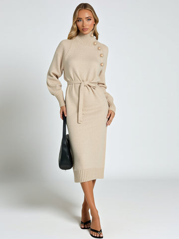 Women's Dresses Autumn Winter Skinny Fit Fashion Elegant Plain Lace-Up Button Long Sleeve Lapel Midi Casual Lettuce Trim Dresses