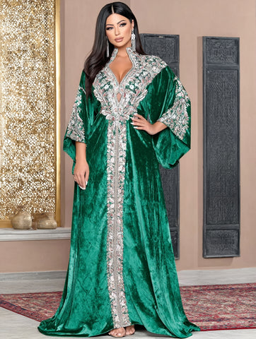 Autumn Jalabiyas Long Floor-Length Casual Style V-Neck Bell Sleeve A-Line Skirt Islamic Women's Fashion Arab Robe