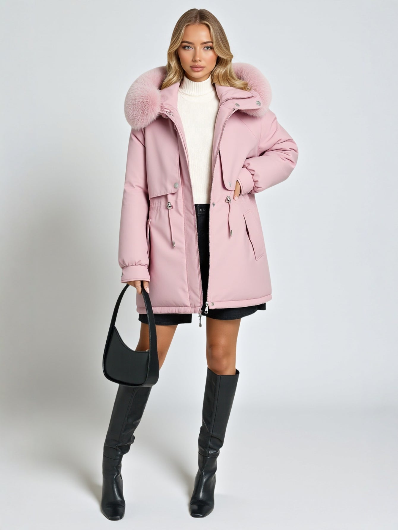 Women's Cotton-Padded Jacket Mid-Length Winter Coat Fur Trimmed Relaxed-Fit Fleece-Lined Parka Warm Outerwear