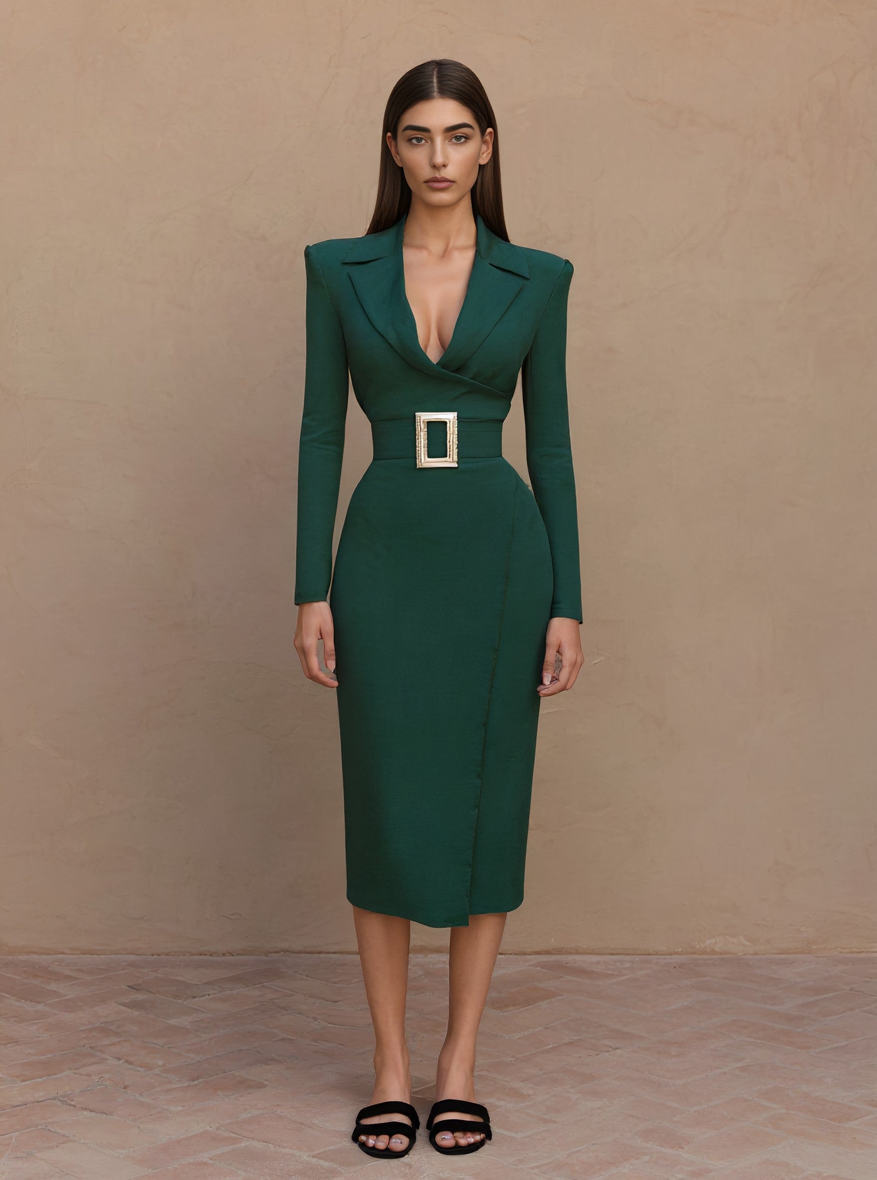 Autumn Tight Fit Midi Dress Casual Style Tailored Collar Straight Sleeve Bodycon Skirt Women's Fashion Clothing