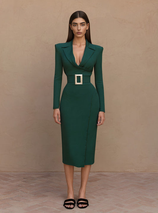 Autumn Tight Fit Midi Dress Casual Style Tailored Collar Straight Sleeve Bodycon Skirt Women's Fashion Clothing