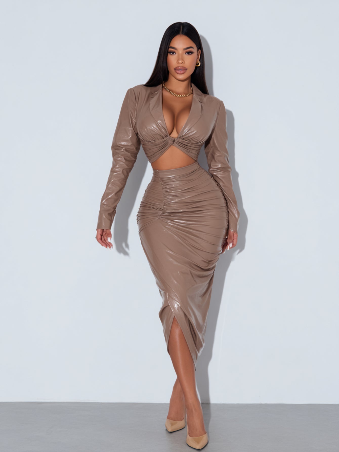 Women's Sets Autumn Skinny Fit Sexy Plain Knotted Design Long Sleeve Plunge Neck Below Knee Pencil Skirts Sets