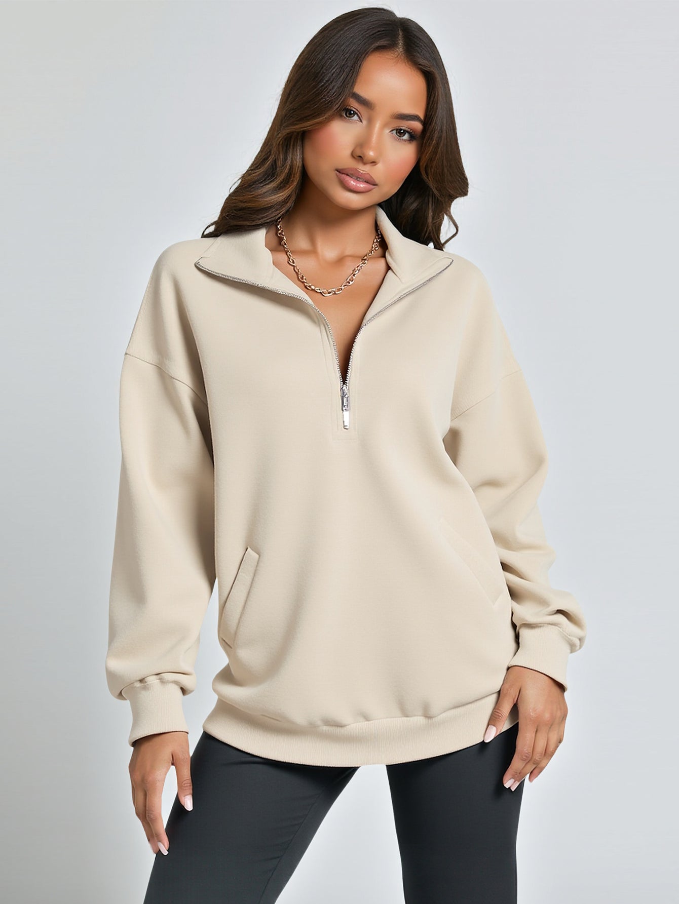 Boutique Women's Hoodie Autumn Casual 2025 Plain Stand Collar Long Sleeve Regular Fit Hip Length Daily Hoodie