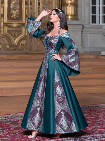 Autumn Long Dress Casual Style A-Line Body-Fitting Off-Shoulder Bell-Sleeve Muslim Fashion Women's Dress