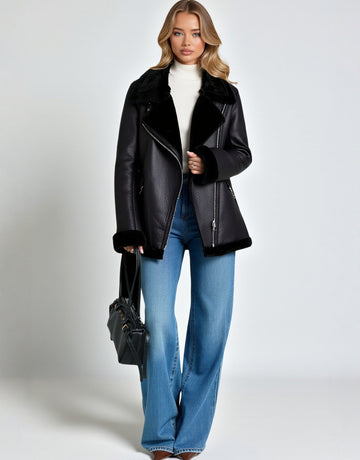 Women's Double-Sided Motorcycle Jacket Coat Fur Thickened European American Style Autumn Winter Fashionable Outerwear