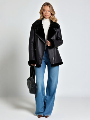 Women's Double-Sided Motorcycle Jacket Coat Fur Thickened European American Style Autumn Winter Fashionable Outerwear