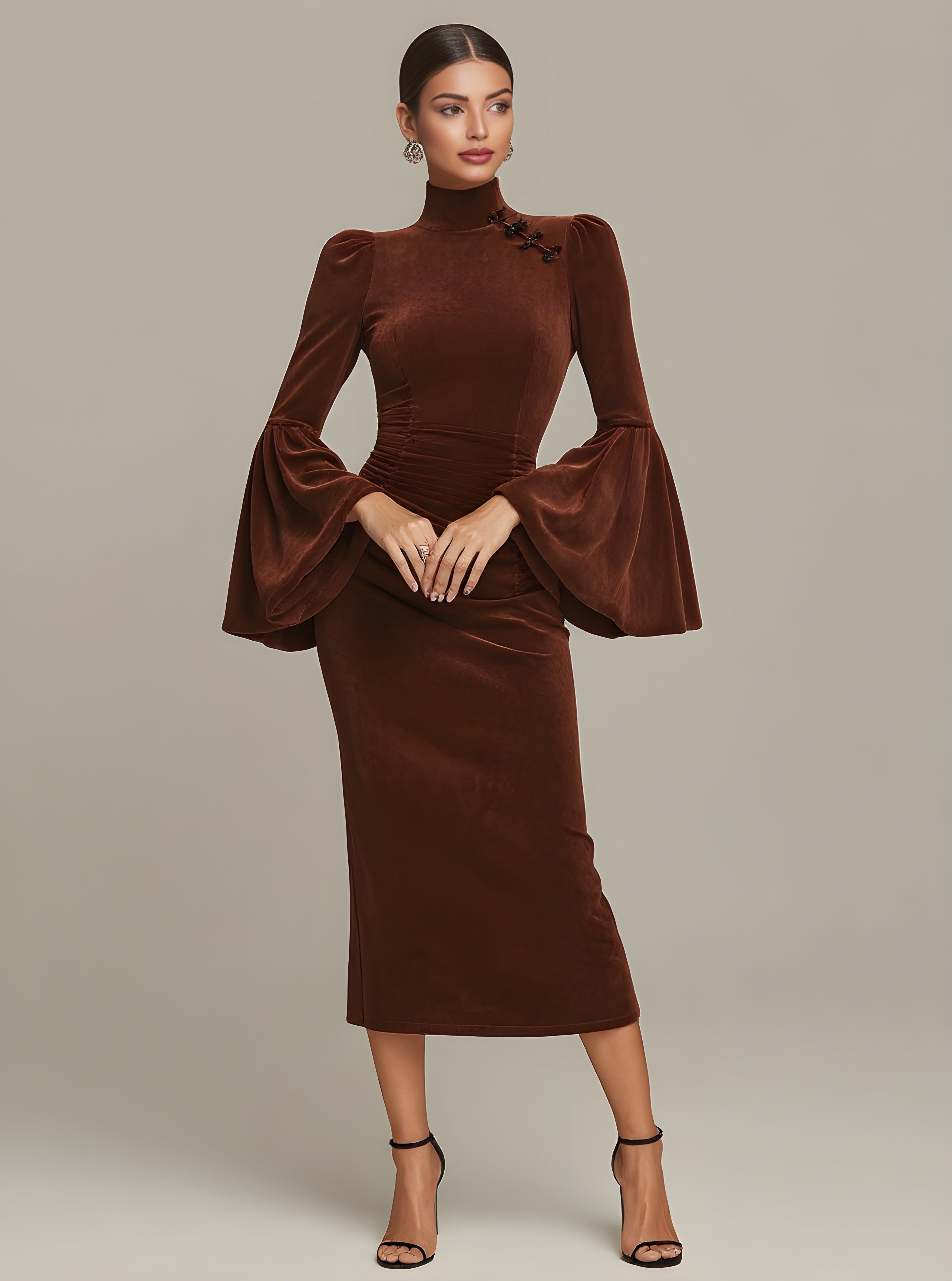 Autumn Dresses 2025 Women's Elegant Plain Long Flare Sleeve Mandarin Collar Ruffled Waist Party Midi Dress