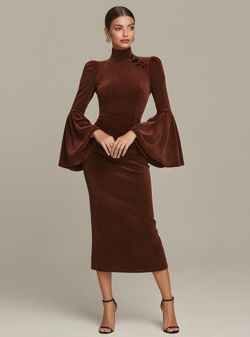 Autumn Dresses 2025 Women's Elegant Plain Long Flare Sleeve Mandarin Collar Ruffled Waist Party Midi Dress