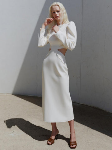 Women's Dresses Autumn Winter Casual Simple Solid Color Long Sleeve Crew Neck Cutout Long Fitting Slim Dresses