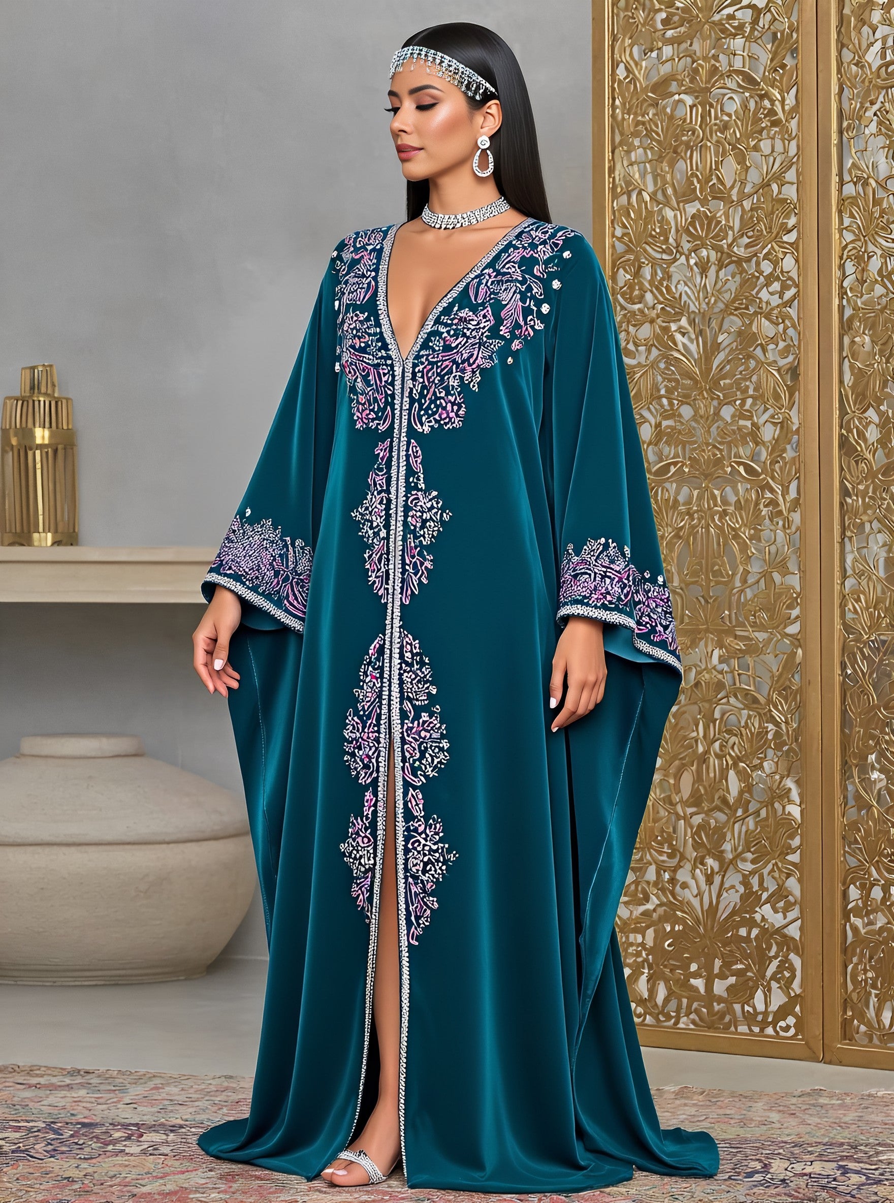 Loose Kaftan Autumn Gown With V-Neck Long Floor-Length Bats-Wing Sleeves Casual Style For Women Muslim Fashion Arabic Robe