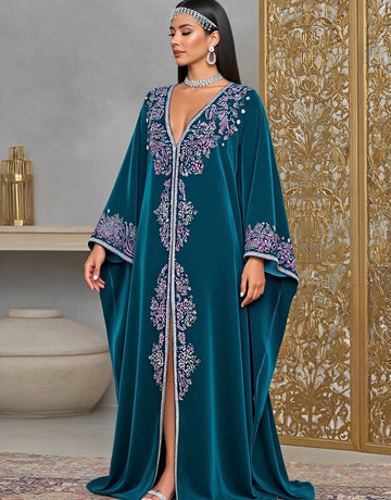 Loose Kaftan Autumn Gown With V-Neck Long Floor-Length Bats-Wing Sleeves Casual Style For Women Muslim Fashion Arabic Robe