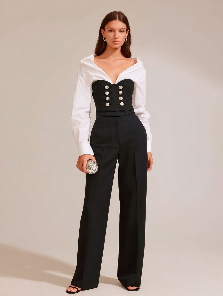 Autumn Tanks 2025 Women's Decent Patchwork Long Sleeve V-Neck Double Breasted Office Lady Tanks