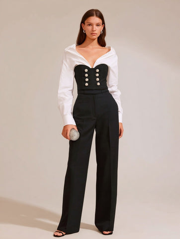 Autumn Tanks 2025 Women's Decent Patchwork Long Sleeve V-Neck Double Breasted Office Lady Tanks