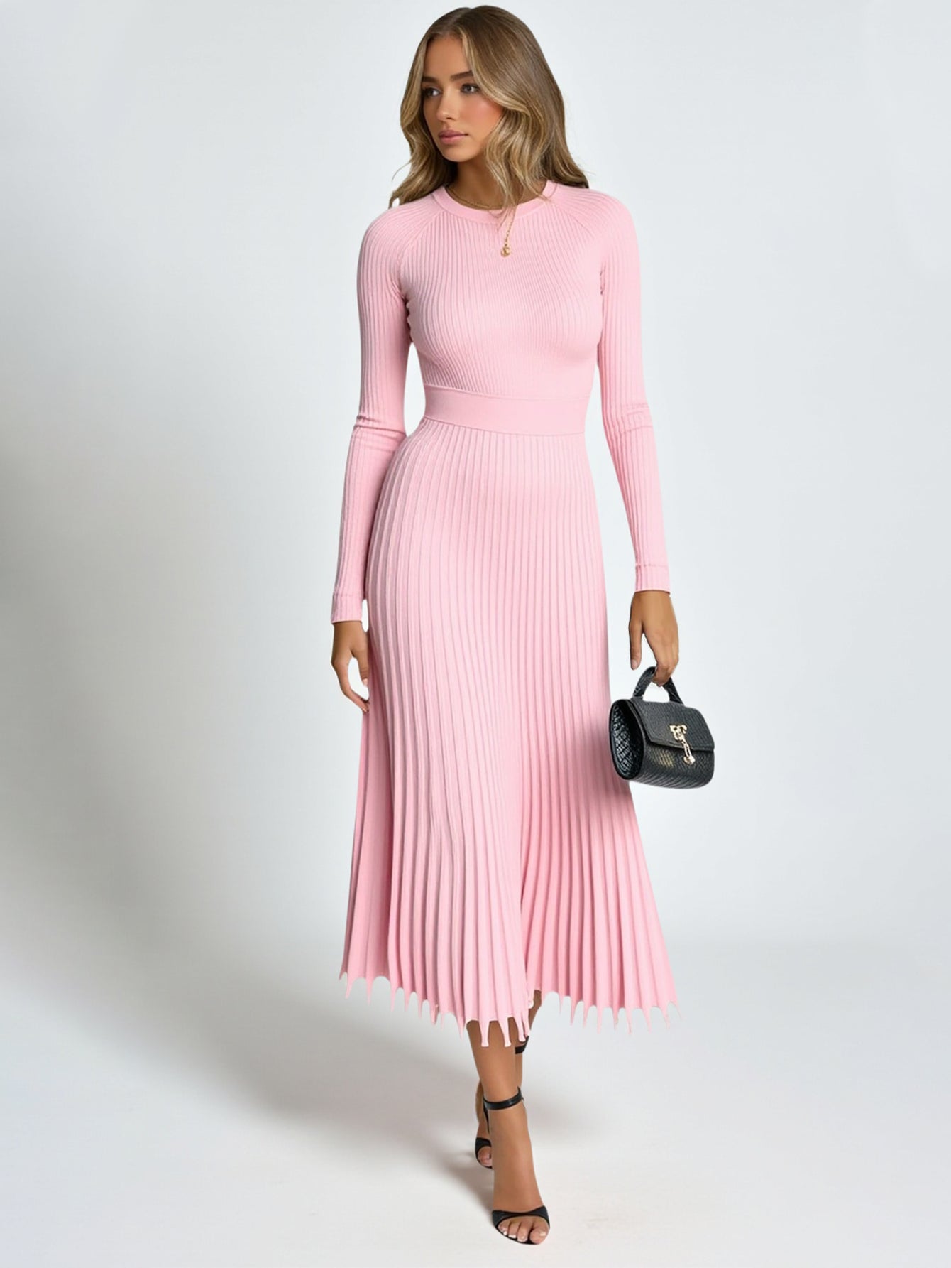 Women's Dresses Autumn Winter 2025 Daily Basic Solid Color Screw Thread Long Sleeve Round Neck Pleated Hem Fitting Slim Dresses