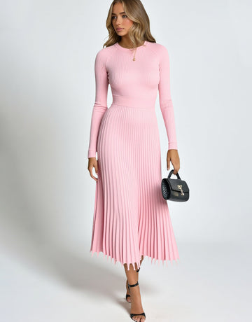 Women's Dresses Autumn Winter 2025 Daily Basic Solid Color Screw Thread Long Sleeve Round Neck Pleated Hem Fitting Slim Dresses