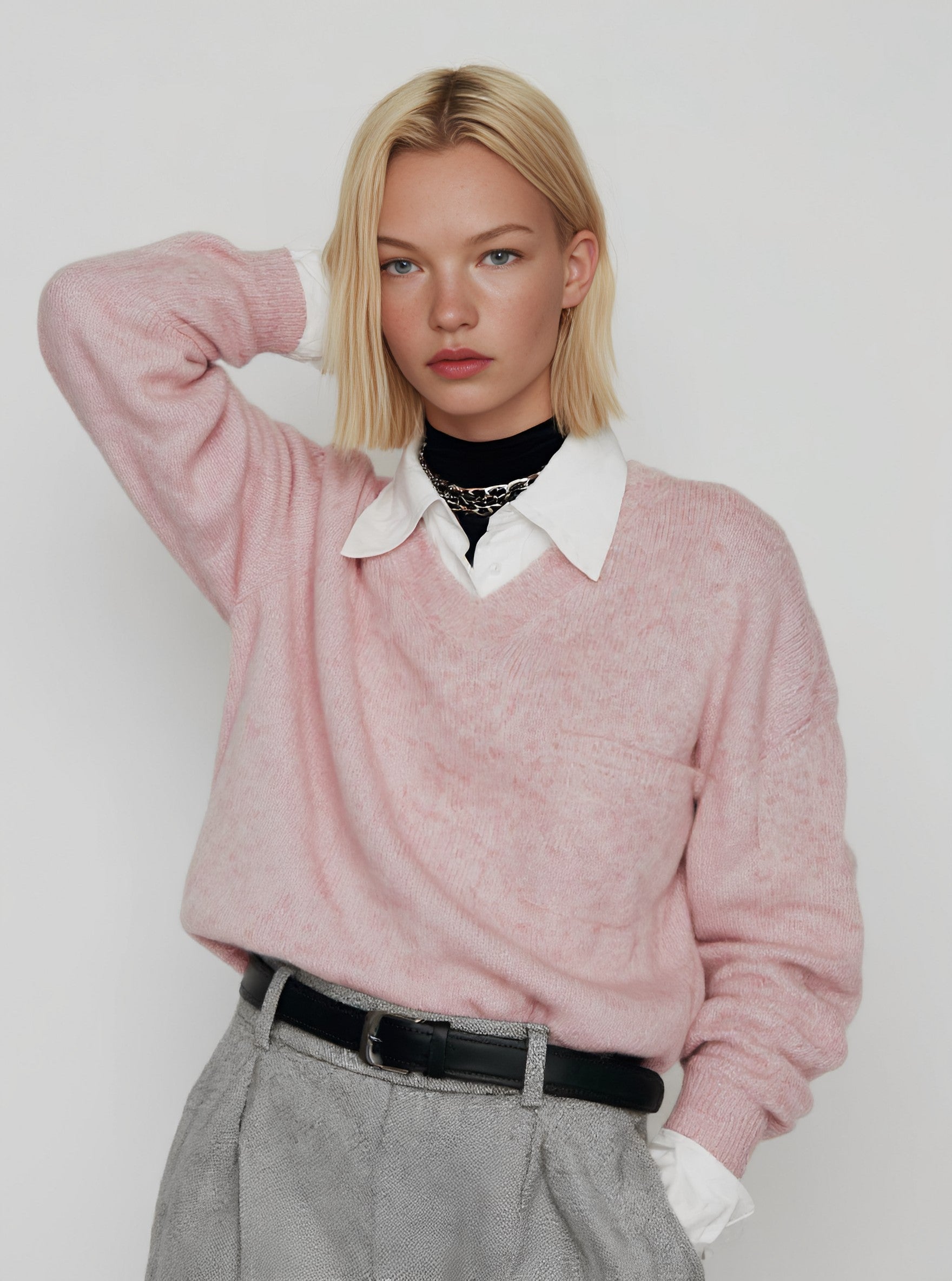 Loose Fit Winter Sweater Casual Long Sleeve Fake Two-Piece Collar Straight Tube Sleeve Regular Length Women's Top