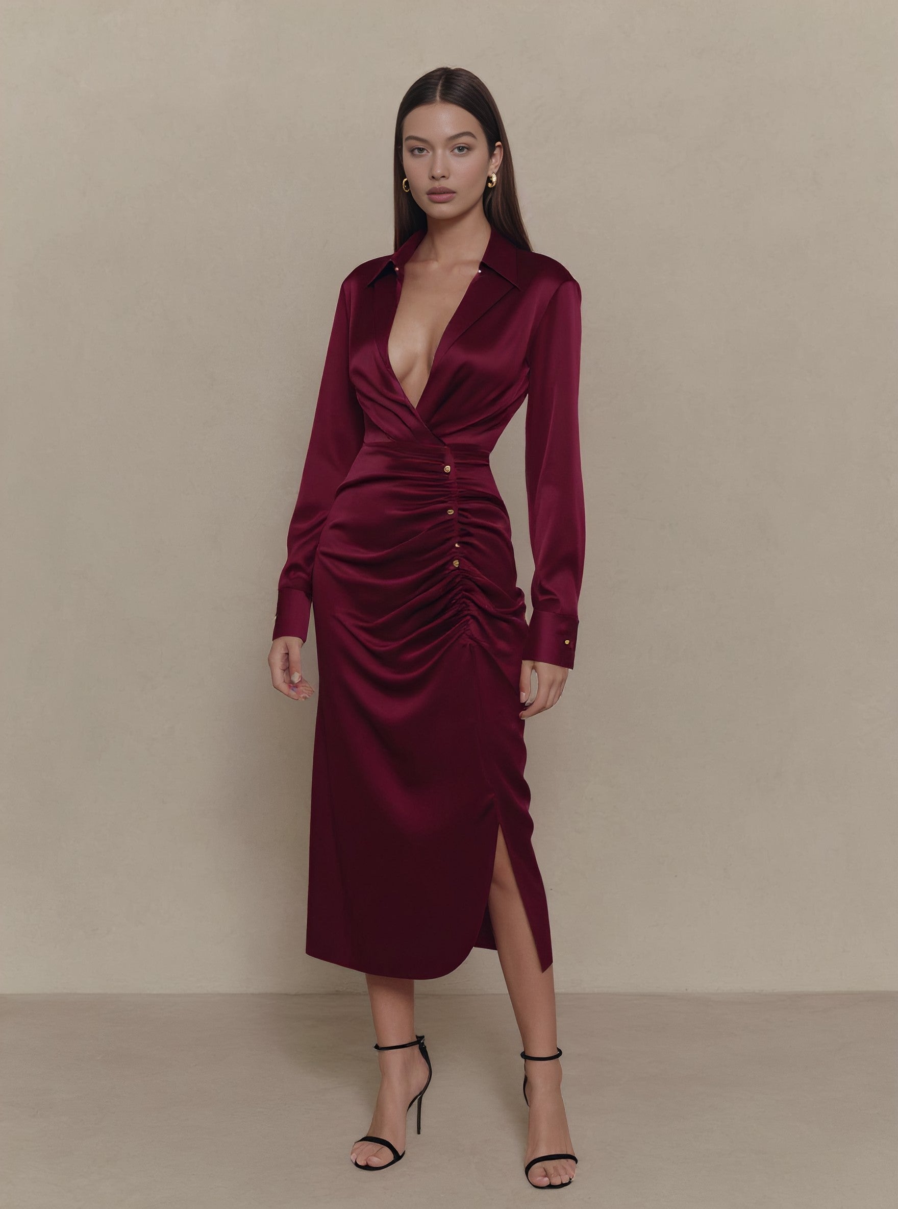 Casual Fit Wrap Dress With Stand Collar Mid-Length A-Line Skirt Straight Sleeve Autumn Fashion Women's Dress
