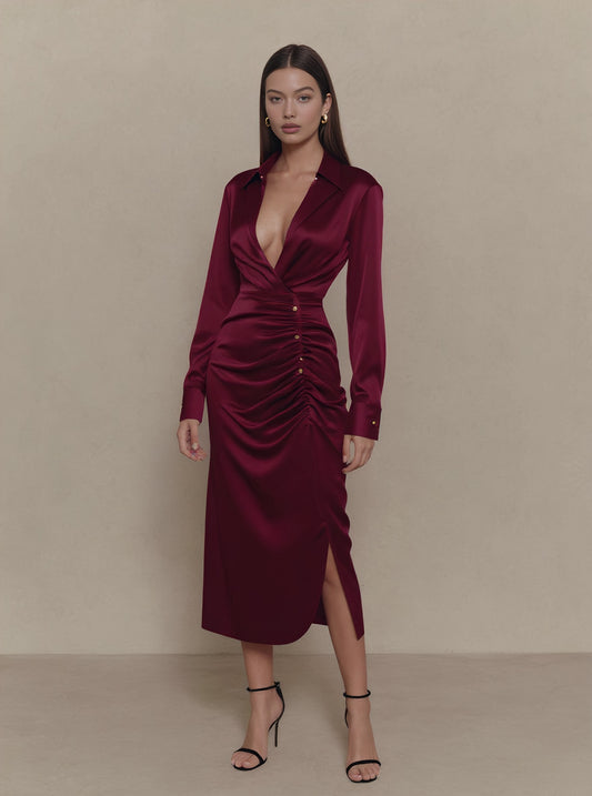 Casual Fit Wrap Dress With Stand Collar Mid-Length A-Line Skirt Straight Sleeve Autumn Fashion Women's Dress