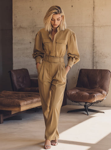 Autumn Sets 2025 Women's Plain Long Sleeve Shirt Collar Shirts Pockets Full Length Pants Basics Sets