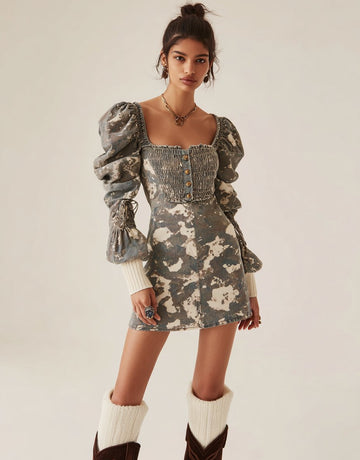 Spring Autumn Casual Dress Midi Skirt Square Neck Puff Sleeve Fit Body Style Women's Fashion Clothing