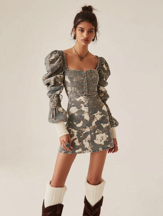 Spring Autumn Casual Dress Midi Skirt Square Neck Puff Sleeve Fit Body Style Women's Fashion Clothing