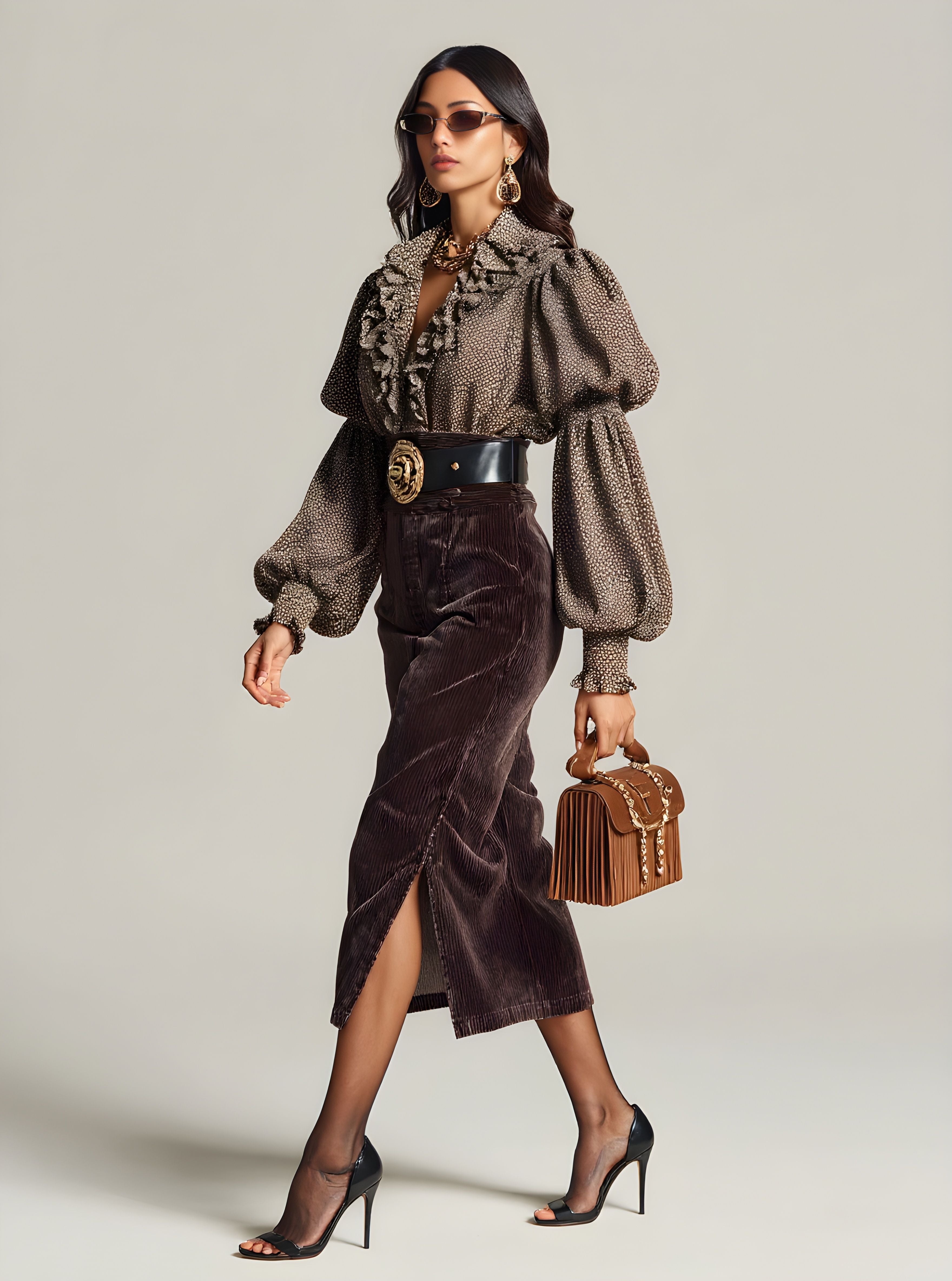 Autumn Blouses 2025 Women's Fashion Full Print Layered Long Lantern Sleeve V-Neck Flounce Basics Blouses