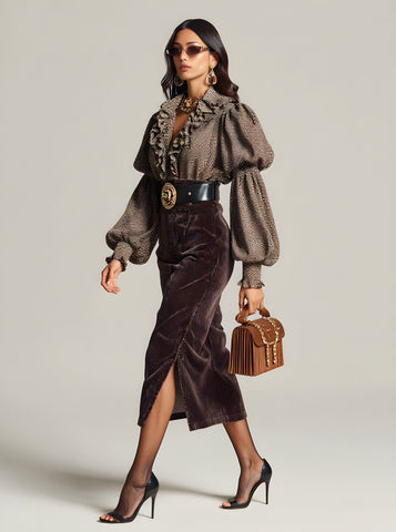 Autumn Blouses 2025 Women's Fashion Full Print Layered Long Lantern Sleeve V-Neck Flounce Basics Blouses