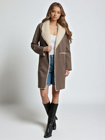 European And American Fashion Lapel Double Wear Long Sleeve Coat Women's Winter Outerwear Plush Style 