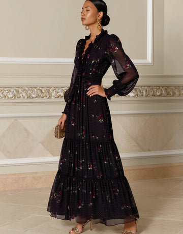 Autumn Dress Mid-Length A-Line Skirt V-Neck Lantern Sleeve Casual Style Body-Fitting Women's Clothing