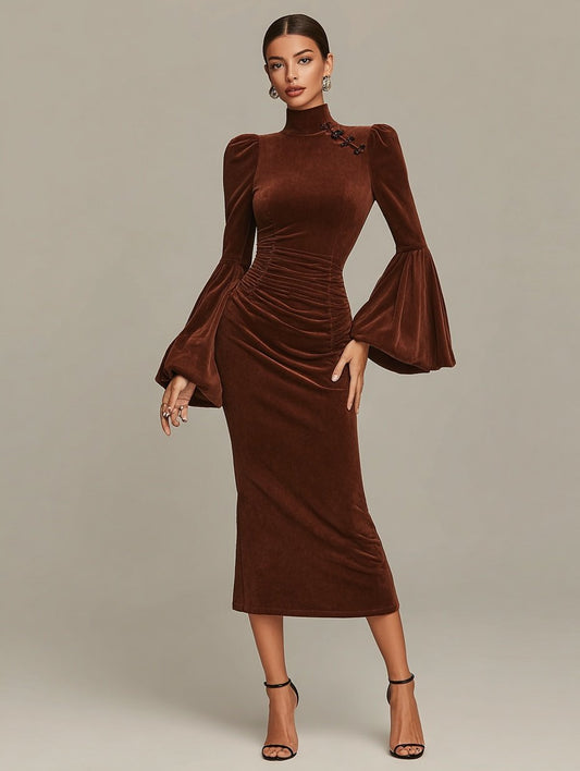 Autumn Dresses 2025 Women's Elegant Plain Long Flare Sleeve Mandarin Collar Ruffled Waist Party Midi Dress