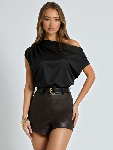 Summer Casual Simple Solid Color Short Sleeve One-Shoulder Daily Basic For Women