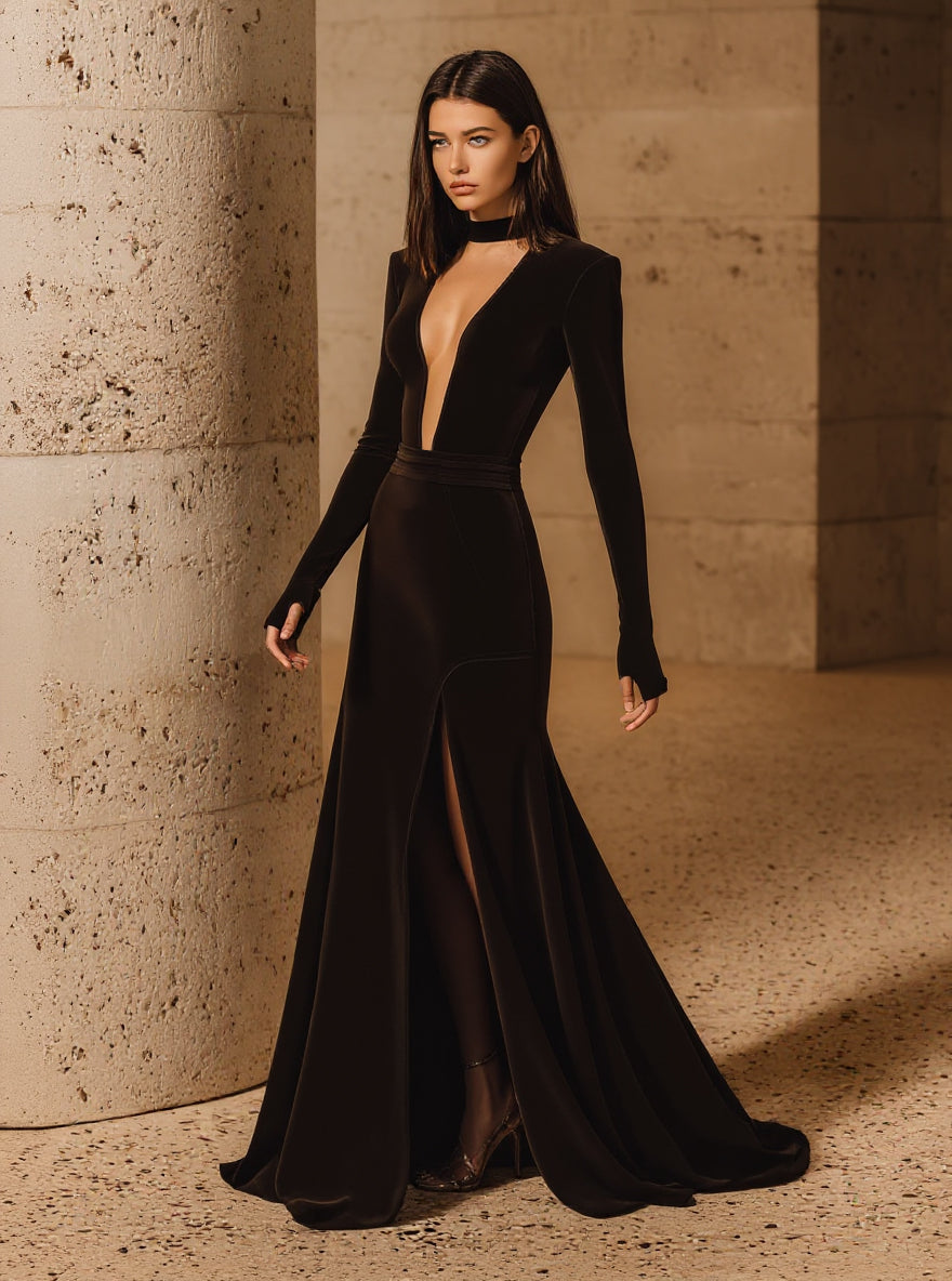 2025 Autumn Dresses Women's Sexy Solid Color Long Sleeve Crew Neck Cut-Out Nipped Waists Maxi Evening Dresses