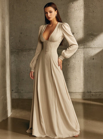 Women's Dresses Autumn Winter Daily 2025 Plain Long Sleeve Deep V Neck Maxi A-Skirt Casual Dresses