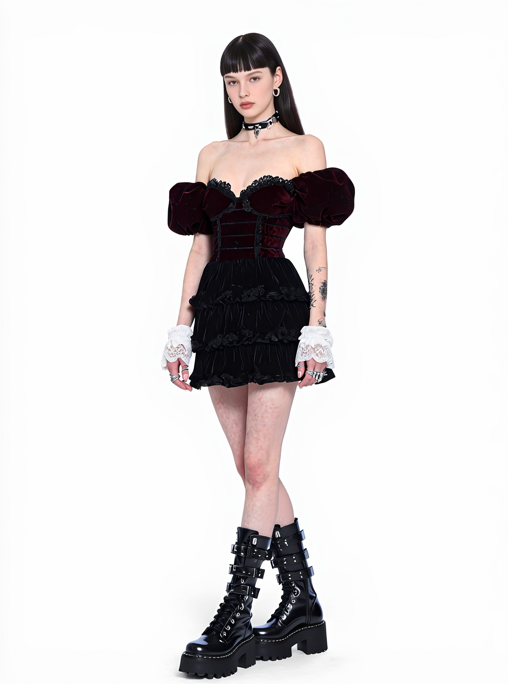 Casual Fitted Cake Skirt Dress With Bubble Sleeves And One Shoulder Design Mid-Length Autumn Fashion Women's Dress