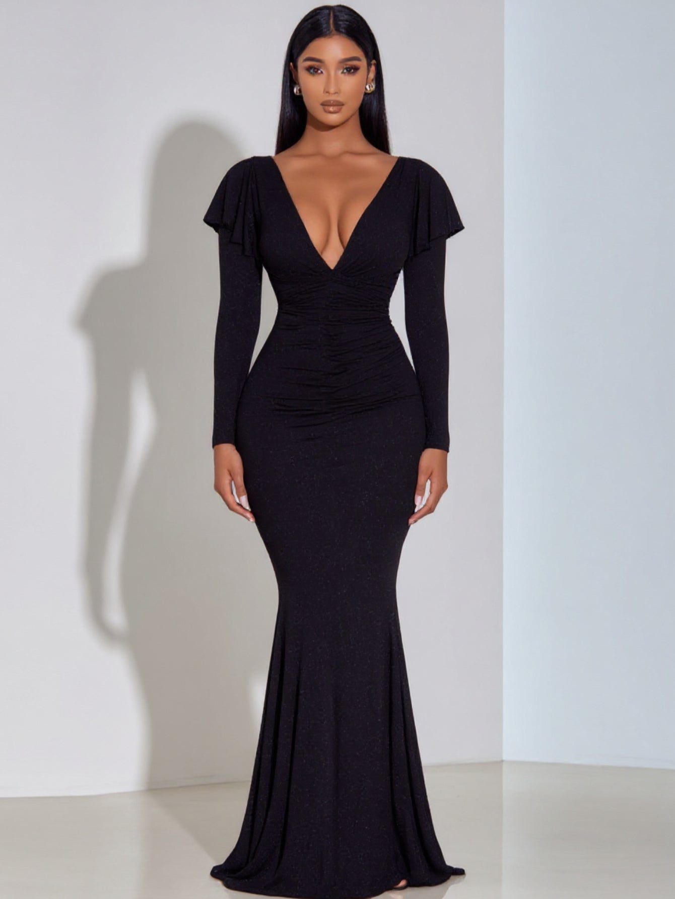 2025 Autumn Women's Dresses Sexy Solid Color Long Sleeve Plunge Neck Elegant Mermaid Maxi Evening Dresses