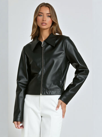 Women's Retro Lapel Zipper Leather Jacket Casual Style European And American Fashion for Ladies