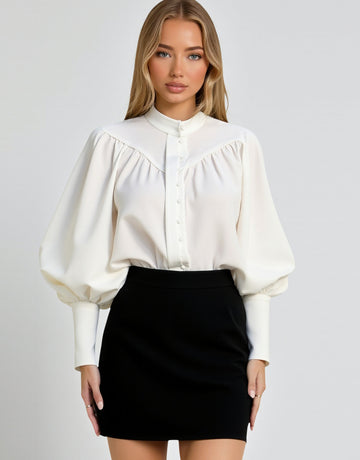 Women's White Casual Shirt Autumn Winter Loose Small Stand Collar Lantern Sleeve Pleated Commuter Style Gas Texture