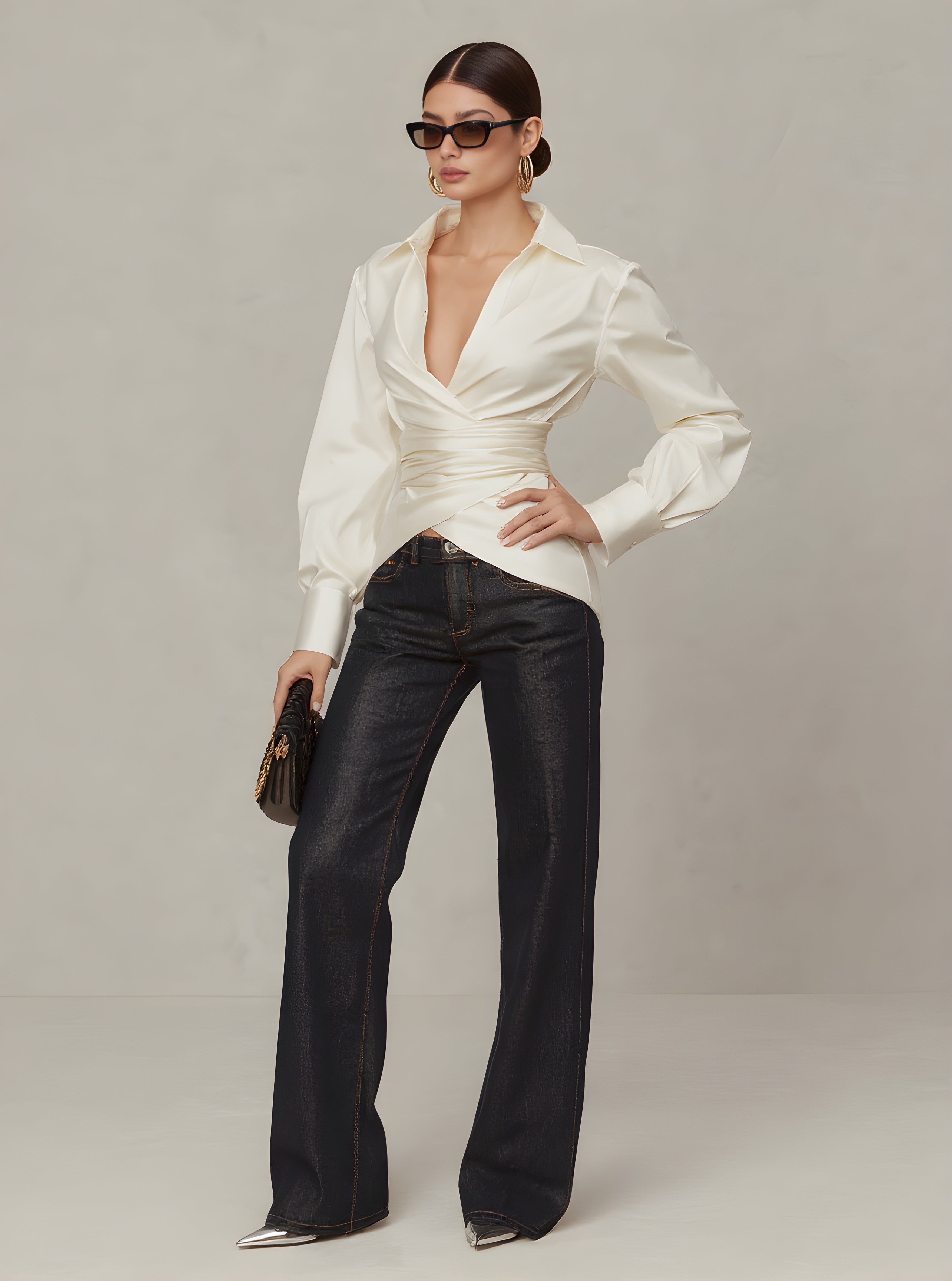 Autumn Shirts 2025 Women's Chic Plain Long Cuff Sleeve Shirt Collar Asymmetrical Nipped Waists Basics Shirts