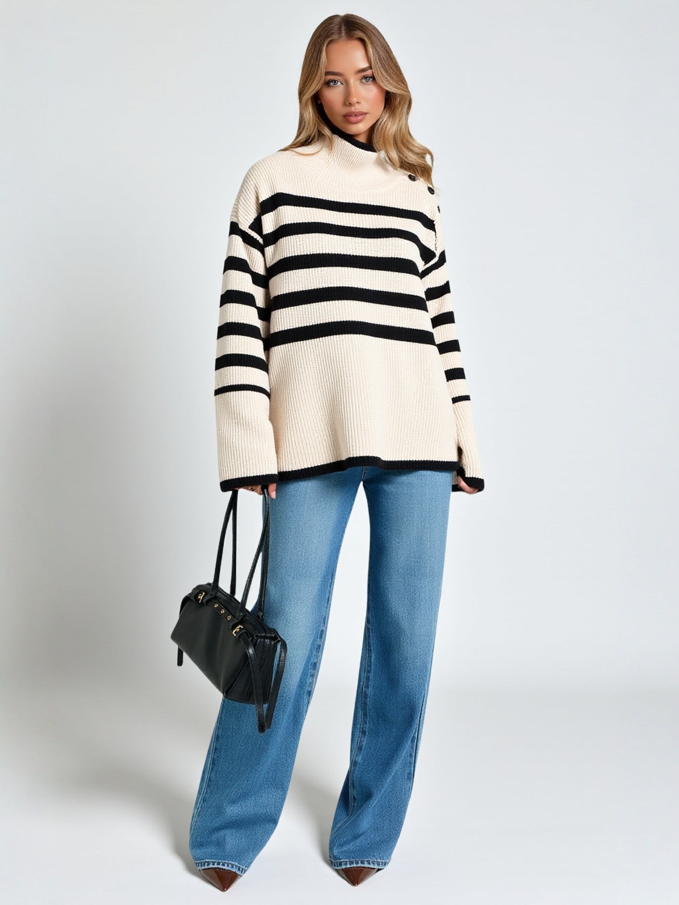 European American Fashion Contrast Striped Turtleneck Pullover Long Sleeve Knitted Sweater Women Winter New