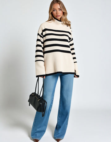 European American Fashion Contrast Striped Turtleneck Pullover Long Sleeve Knitted Sweater Women Winter New