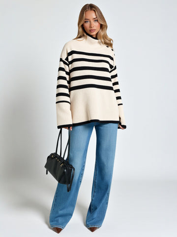 European American Fashion Contrast Striped Turtleneck Pullover Long Sleeve Knitted Sweater Women Winter New